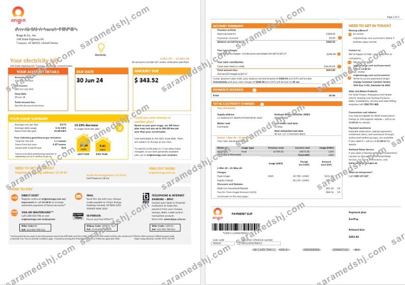 Australia New South Wales (NSW) Origin electricity business utility bill template in Word and PDF forma 1-2 pages